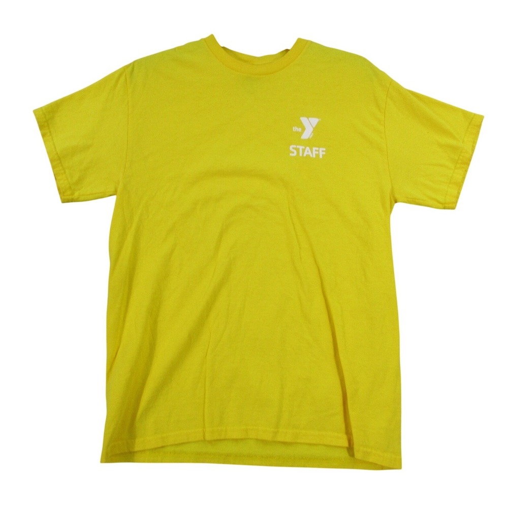 Gildan YMCA Staff T-Shirt Mens Medium Yellow Short Sleeve Ultra Cotton Graphic